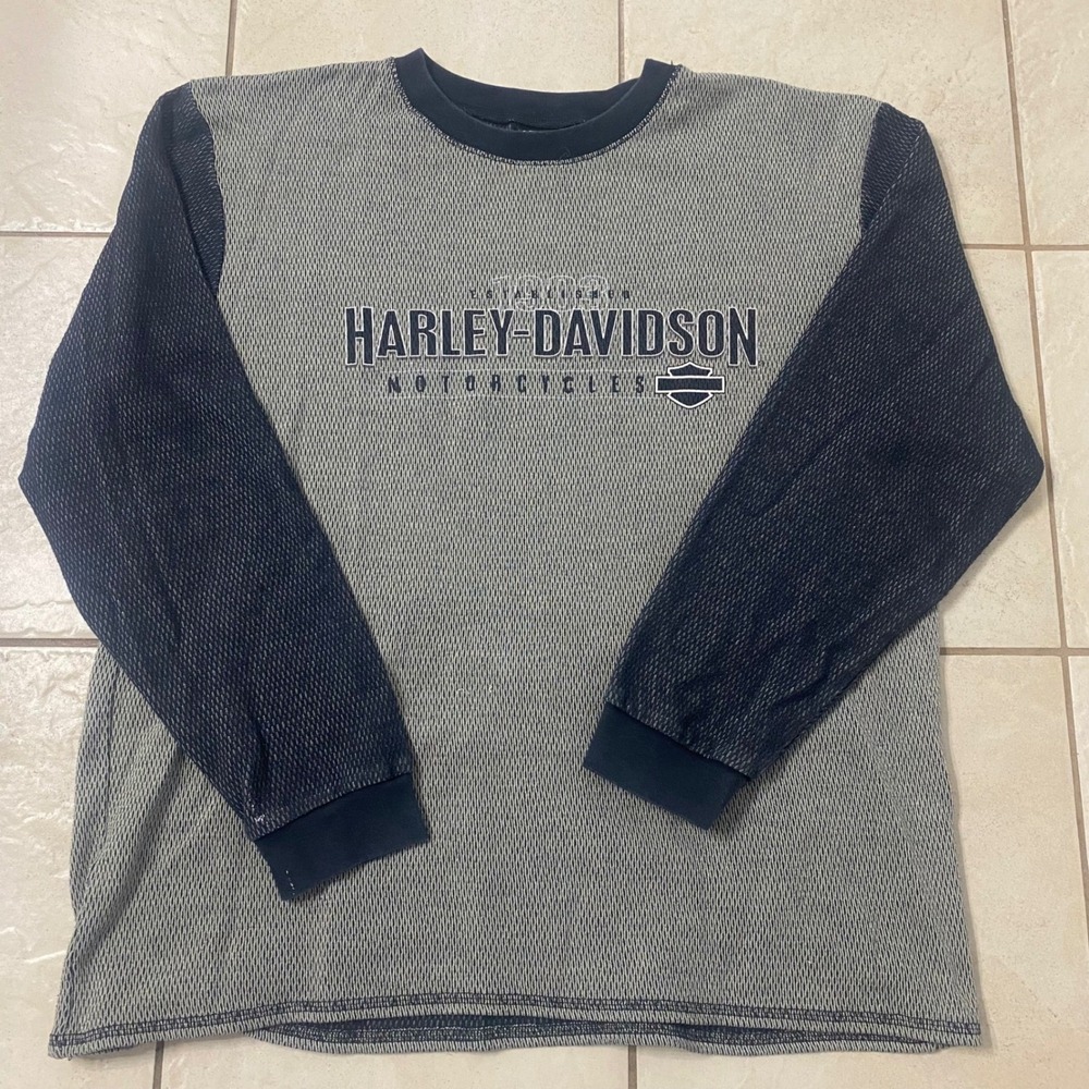 Harley Davidson Motorcycles Long Sleeve Shirt Mens Gray Two-Tone Biker Top